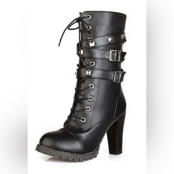 Furcross: Women Calf Boots Studded Round Toe Side Zip Up Thick Heels Punk Gothic - Picture 11 of 16